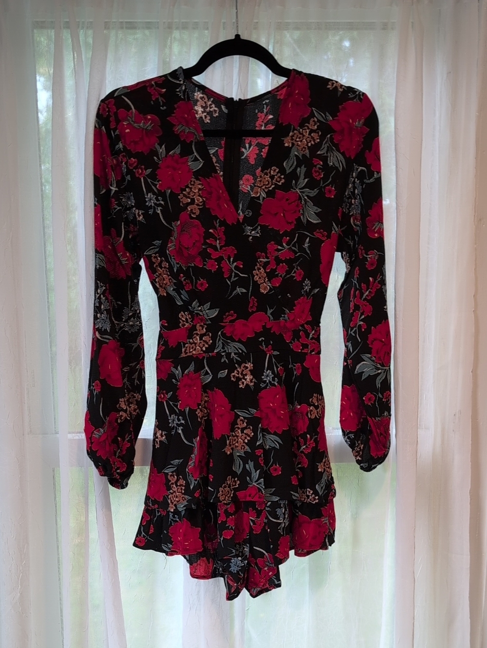 Black Floral Long-Sleeve V-Neck Romper with Red Rose Print